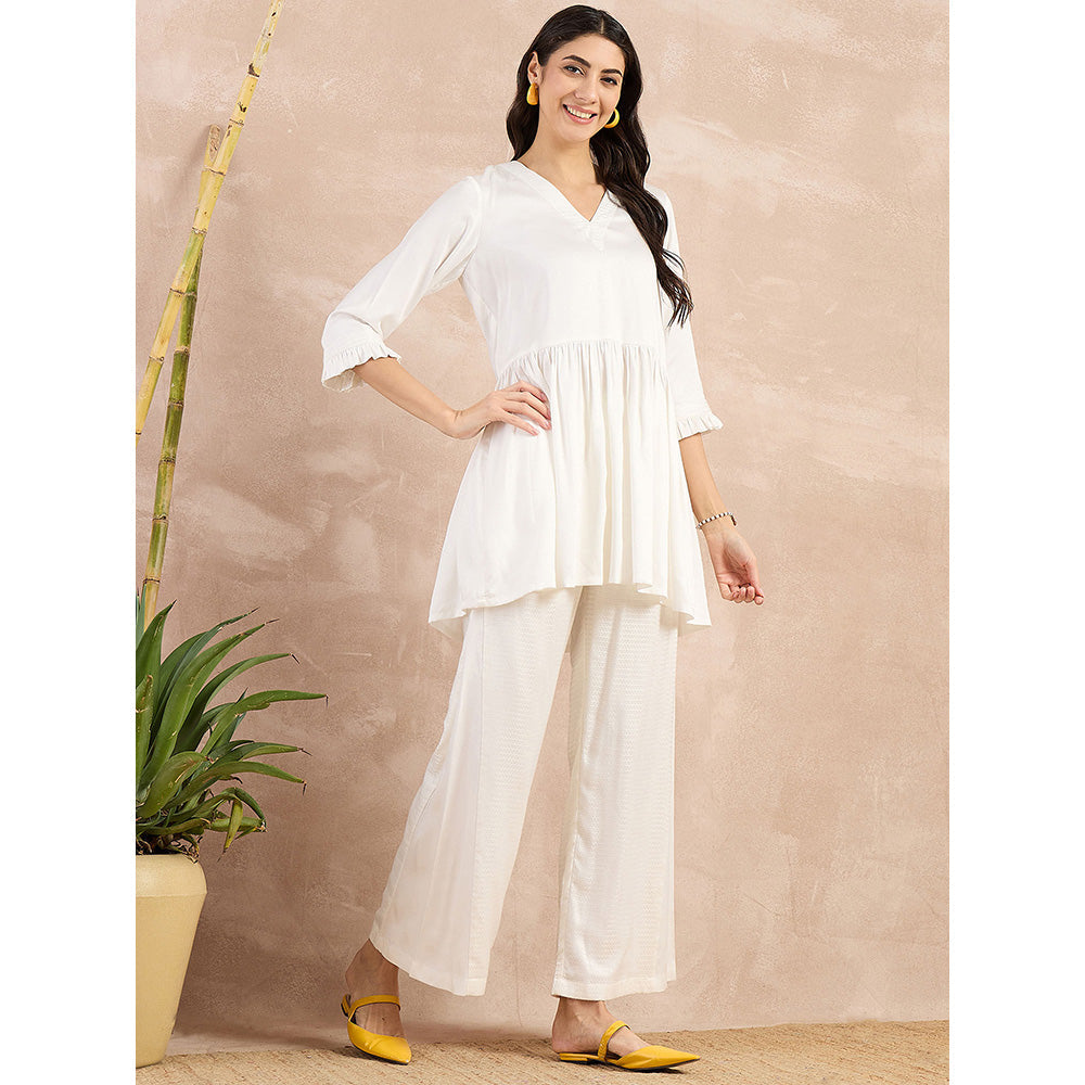 First Resort by Ramola Bachchan White V-Neck Peplum Top with Flared Trouser (Set of 2)