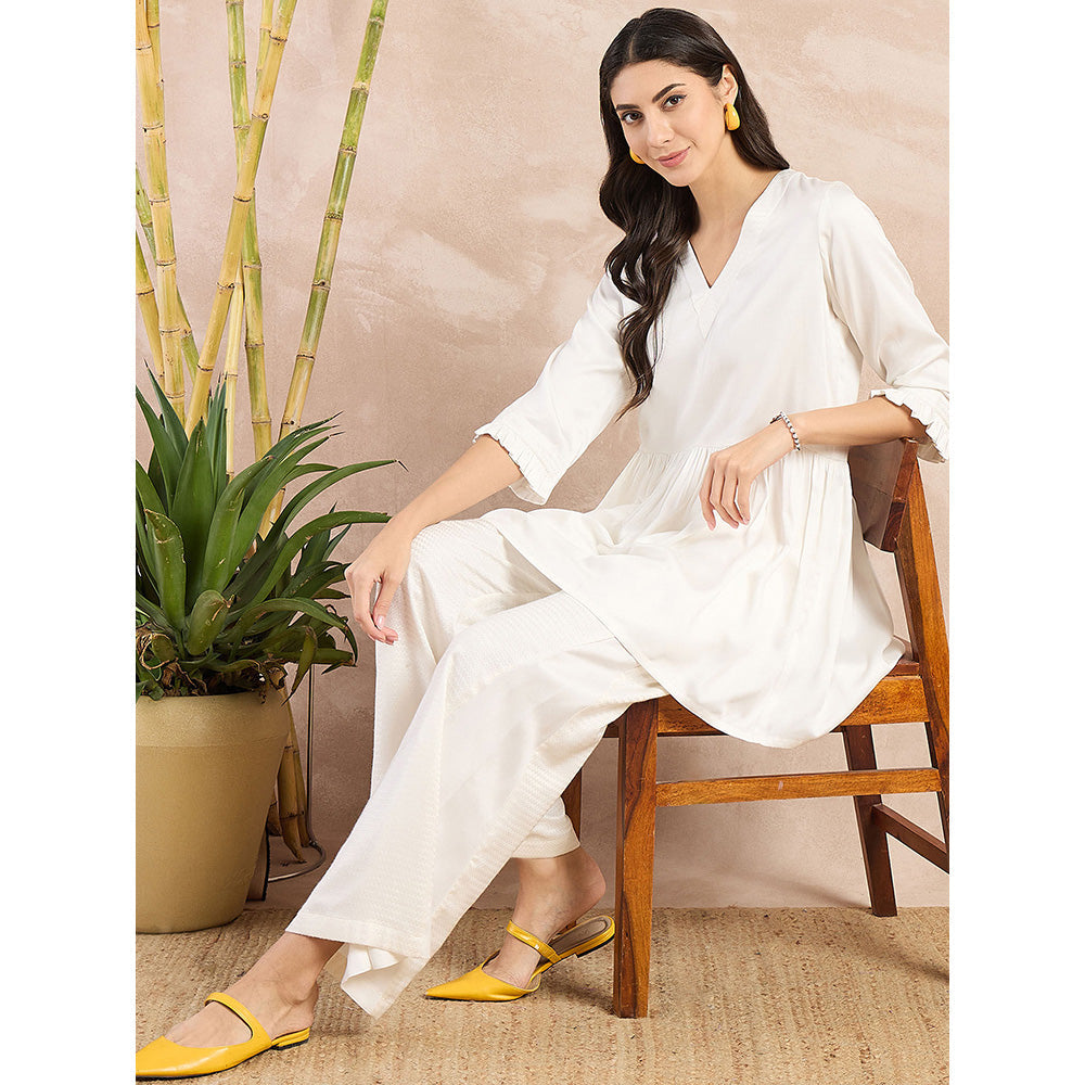 First Resort by Ramola Bachchan White V-Neck Peplum Top with Flared Trouser (Set of 2)