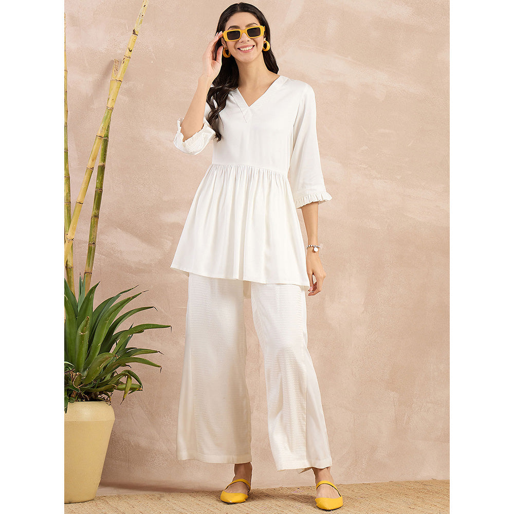 First Resort by Ramola Bachchan White V-Neck Peplum Top with Flared Trouser (Set of 2)