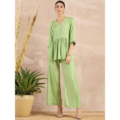 First Resort by Ramola Bachchan Pastel Green V-Neck Peplum Top with Flared Trouser (Set of 2)