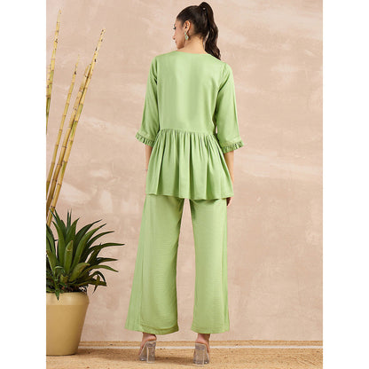 First Resort by Ramola Bachchan Pastel Green V-Neck Peplum Top with Flared Trouser (Set of 2)