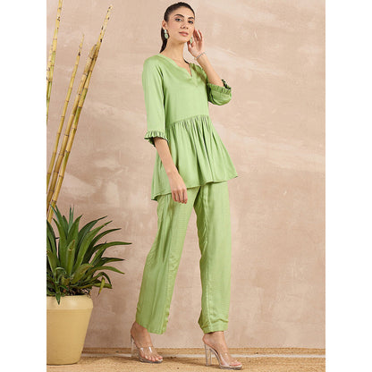First Resort by Ramola Bachchan Pastel Green V-Neck Peplum Top with Flared Trouser (Set of 2)