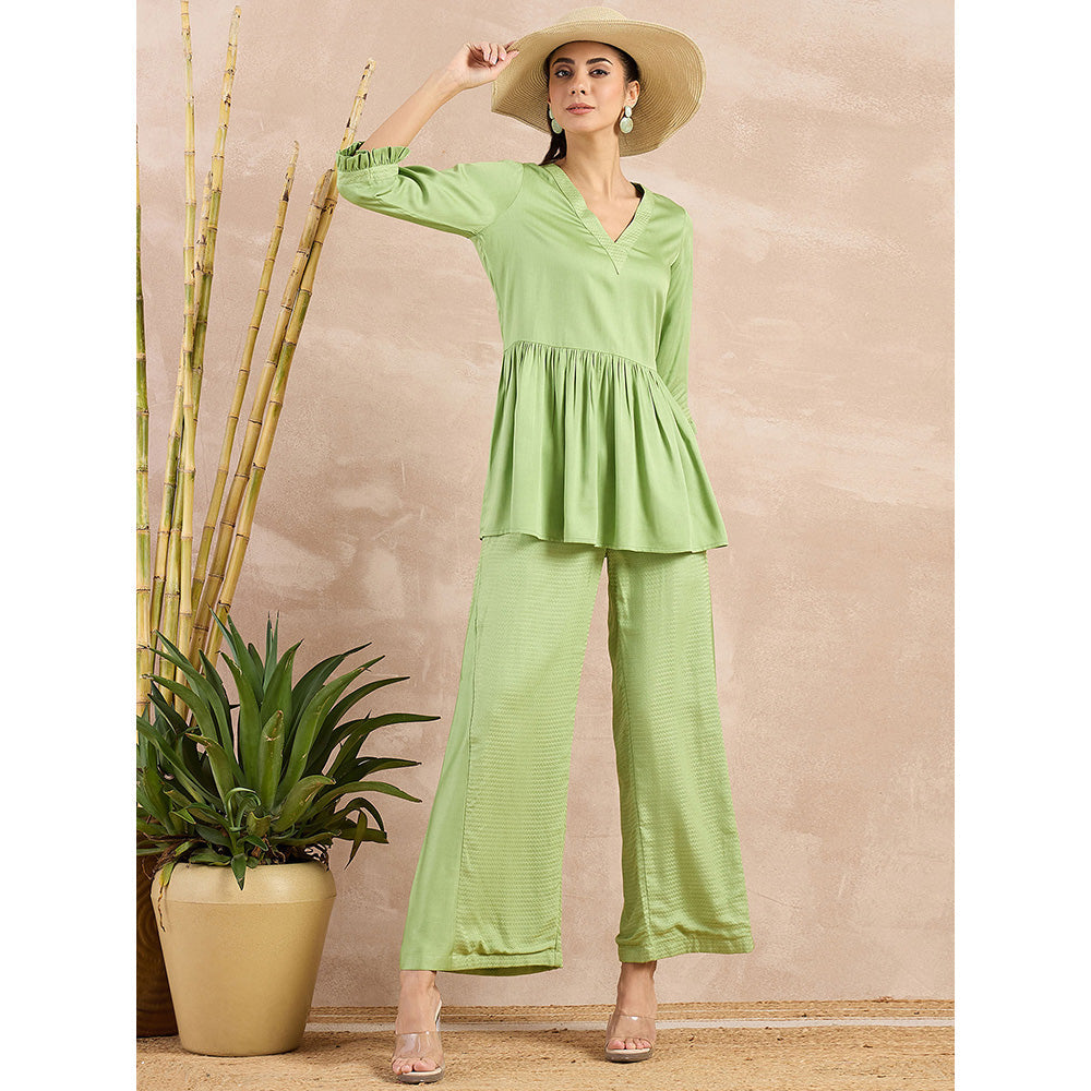 First Resort by Ramola Bachchan Pastel Green V-Neck Peplum Top with Flared Trouser (Set of 2)