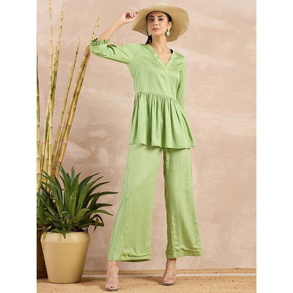 First Resort by Ramola Bachchan Pastel Green V-Neck Peplum Top with Flared Trouser (Set of 2)