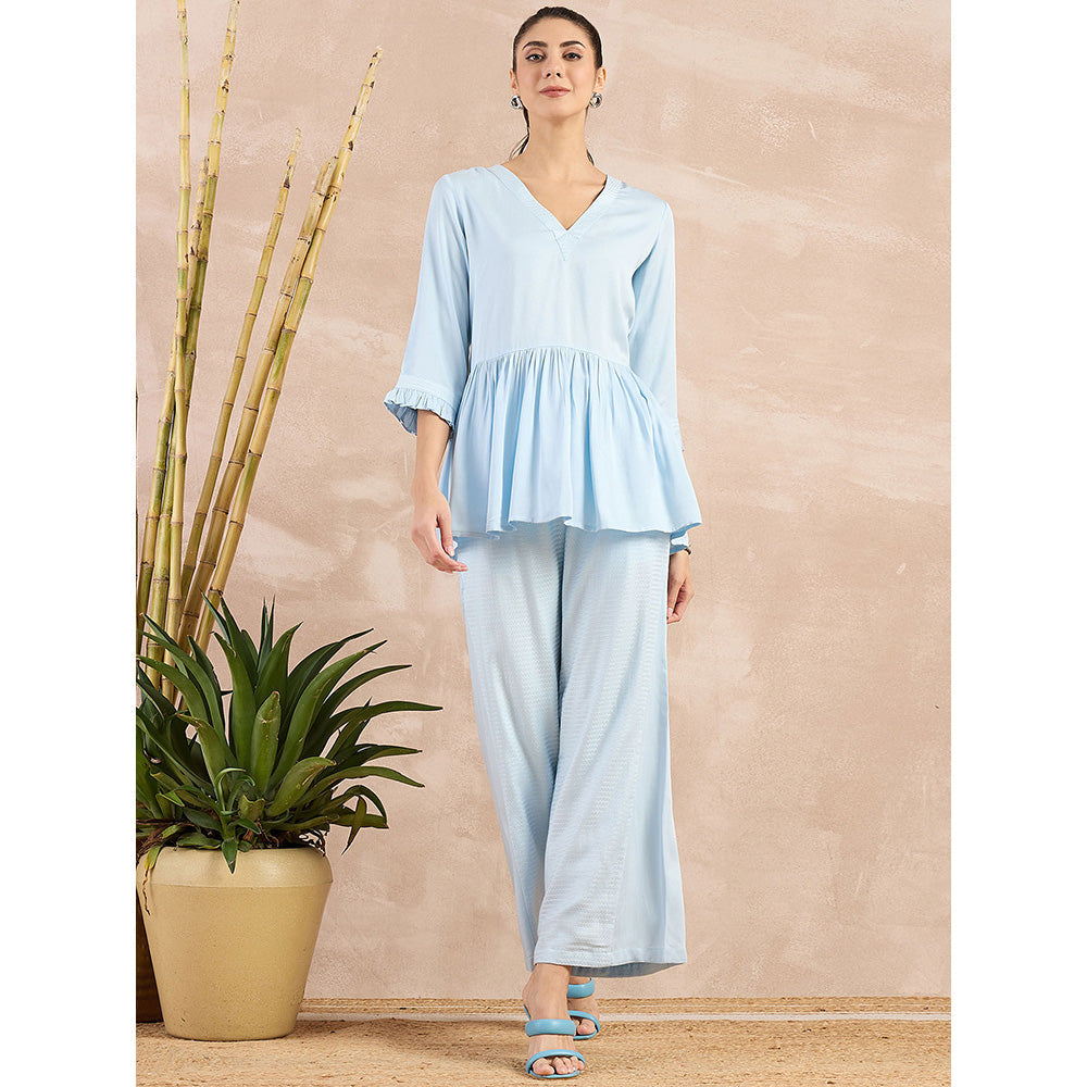 First Resort by Ramola Bachchan Sky Blue V-Neck Peplum Top with Flared Trouser (Set of 2)