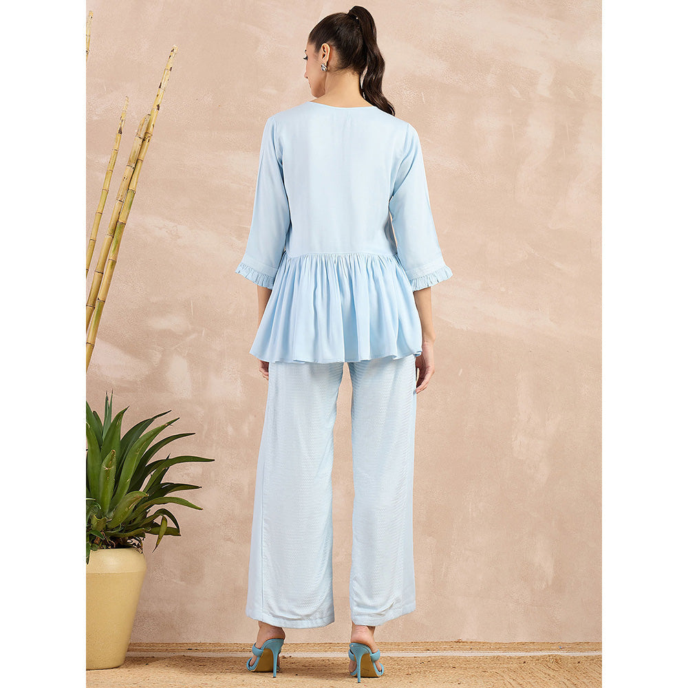 First Resort by Ramola Bachchan Sky Blue V-Neck Peplum Top with Flared Trouser (Set of 2)