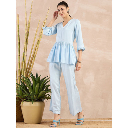 First Resort by Ramola Bachchan Sky Blue V-Neck Peplum Top with Flared Trouser (Set of 2)