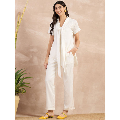 First Resort by Ramola Bachchan White Herringbone Self Design Co-Ord (Set of 3)