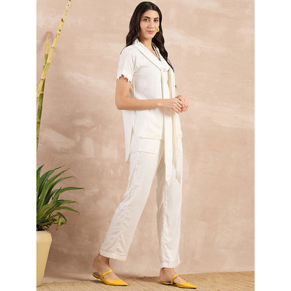First Resort by Ramola Bachchan White Herringbone Self Design Co-Ord (Set of 3)
