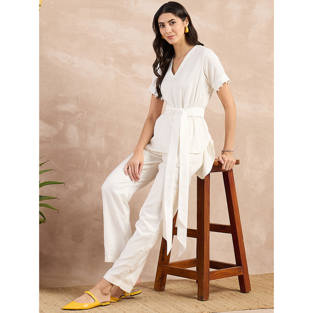 First Resort by Ramola Bachchan White Herringbone Self Design Co-Ord (Set of 3)