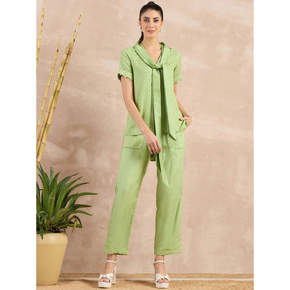 First Resort by Ramola Bachchan Pastel Green Herringbone Self Design Co-Ord (Set of 3)