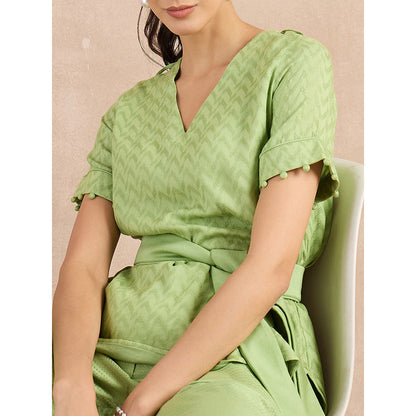 First Resort by Ramola Bachchan Pastel Green Herringbone Self Design Co-Ord (Set of 3)