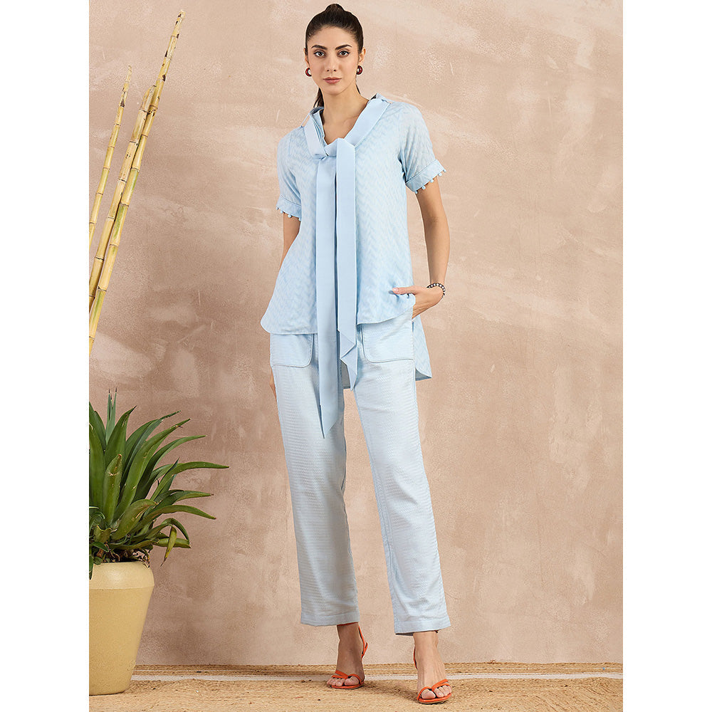 First Resort by Ramola Bachchan Sky Blue Herringbone Self Design Co-Ord (Set of 3)