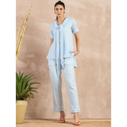 First Resort by Ramola Bachchan Sky Blue Herringbone Self Design Co-Ord (Set of 3)