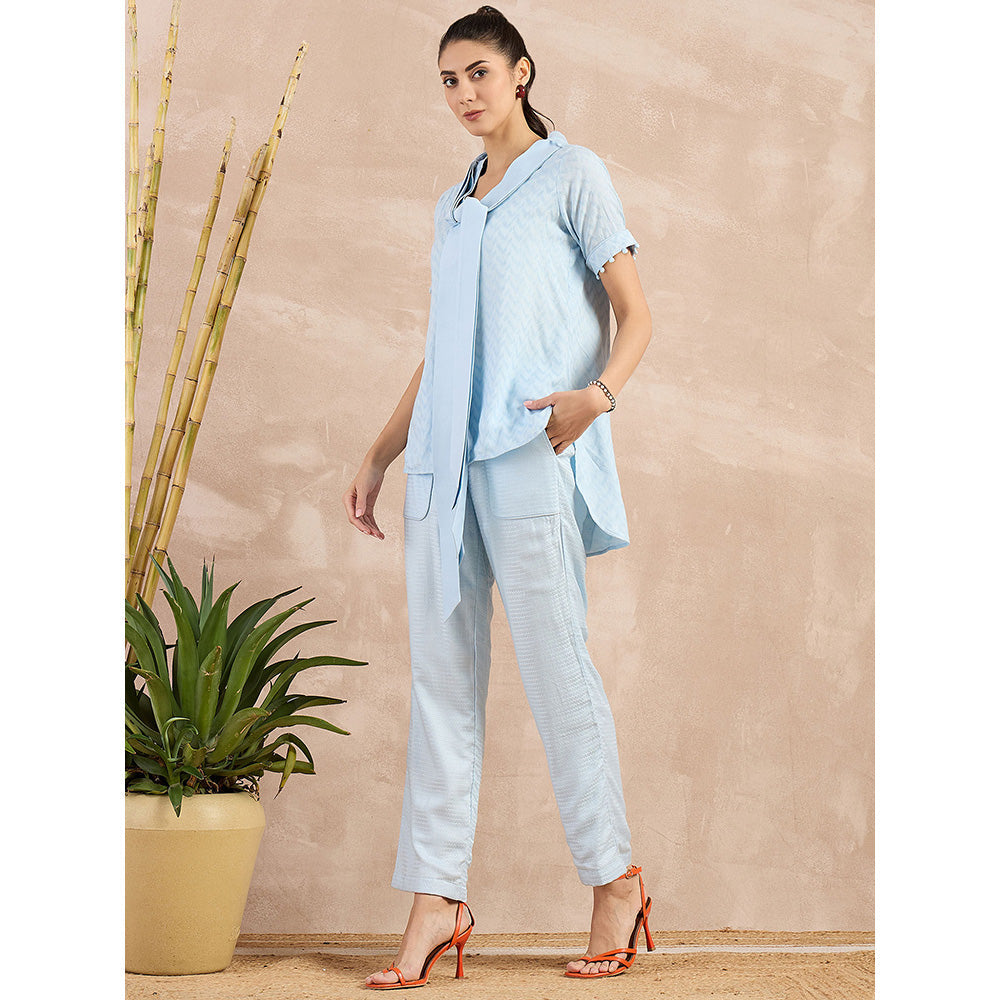 First Resort by Ramola Bachchan Sky Blue Herringbone Self Design Co-Ord (Set of 3)