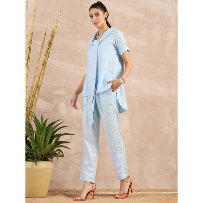 First Resort by Ramola Bachchan Sky Blue Herringbone Self Design Co-Ord (Set of 3)