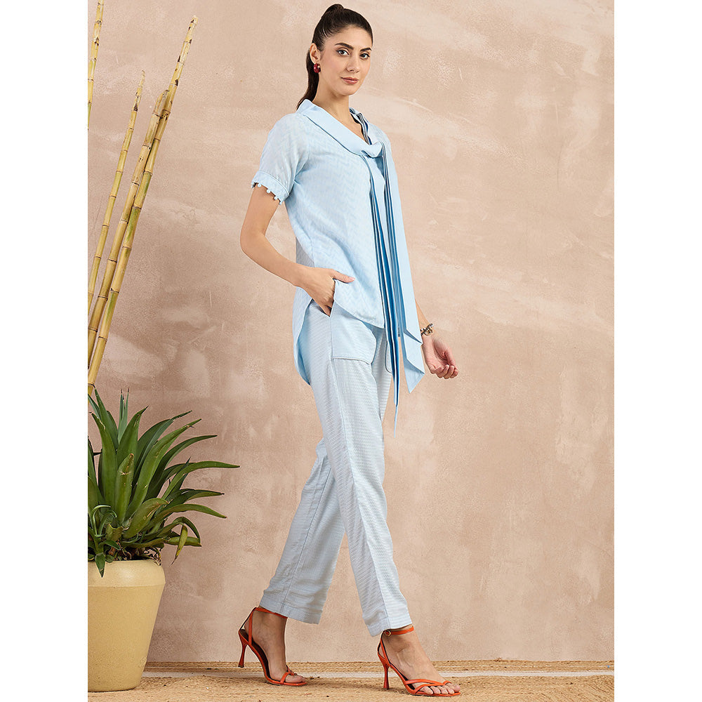 First Resort by Ramola Bachchan Sky Blue Herringbone Self Design Co-Ord (Set of 3)