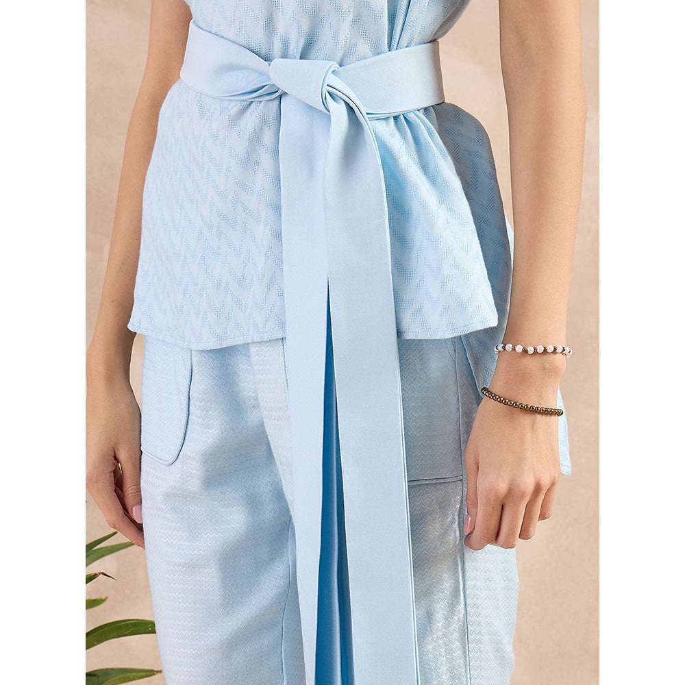 First Resort by Ramola Bachchan Sky Blue Herringbone Self Design Co-Ord (Set of 3)