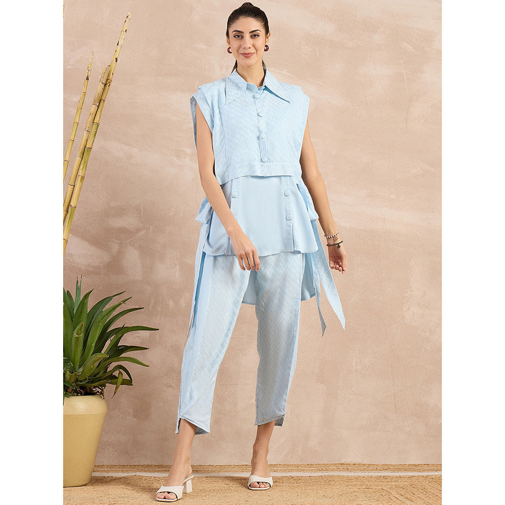 First Resort by Ramola Bachchan Sky Blue High-Low Sleeveless Co-Ord (Set of 3)