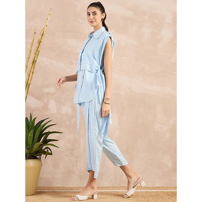 First Resort by Ramola Bachchan Sky Blue High-Low Sleeveless Co-Ord (Set of 3)