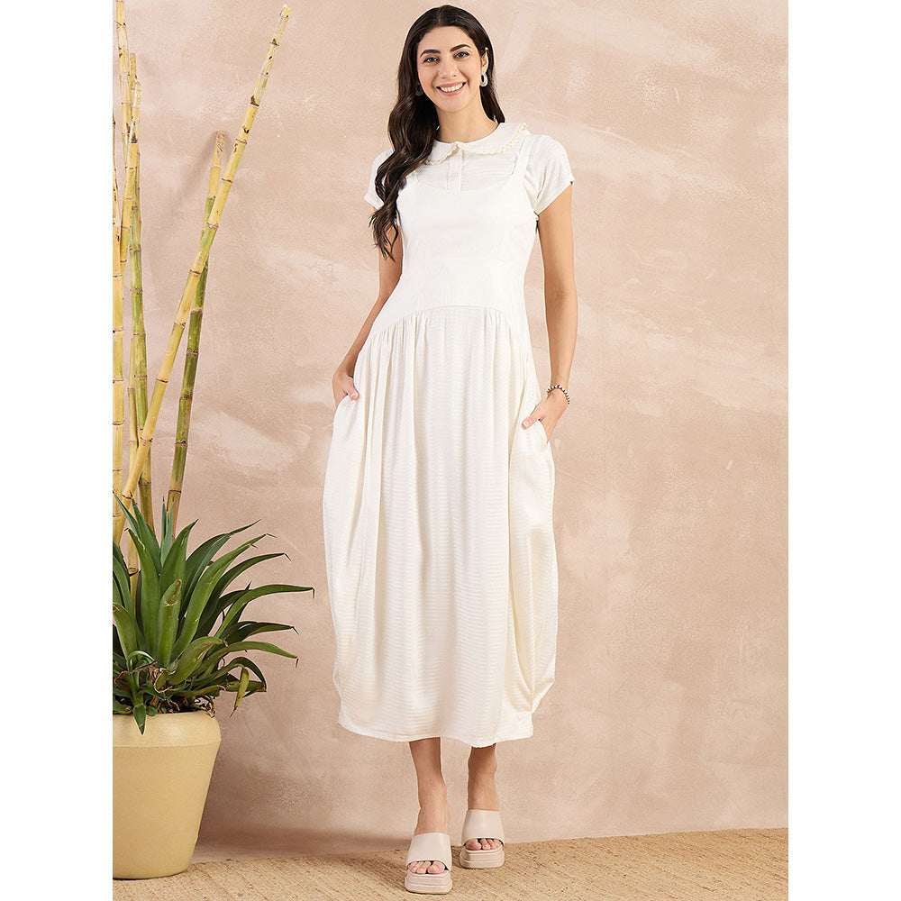 First Resort by Ramola Bachchan White Herringbone Mid Length Dress with Crop Shirt (Set of 2)