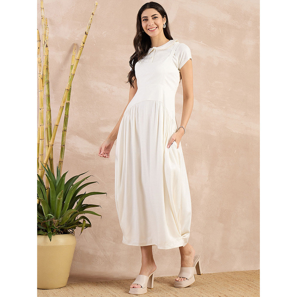 First Resort by Ramola Bachchan White Herringbone Mid Length Dress with Crop Shirt (Set of 2)