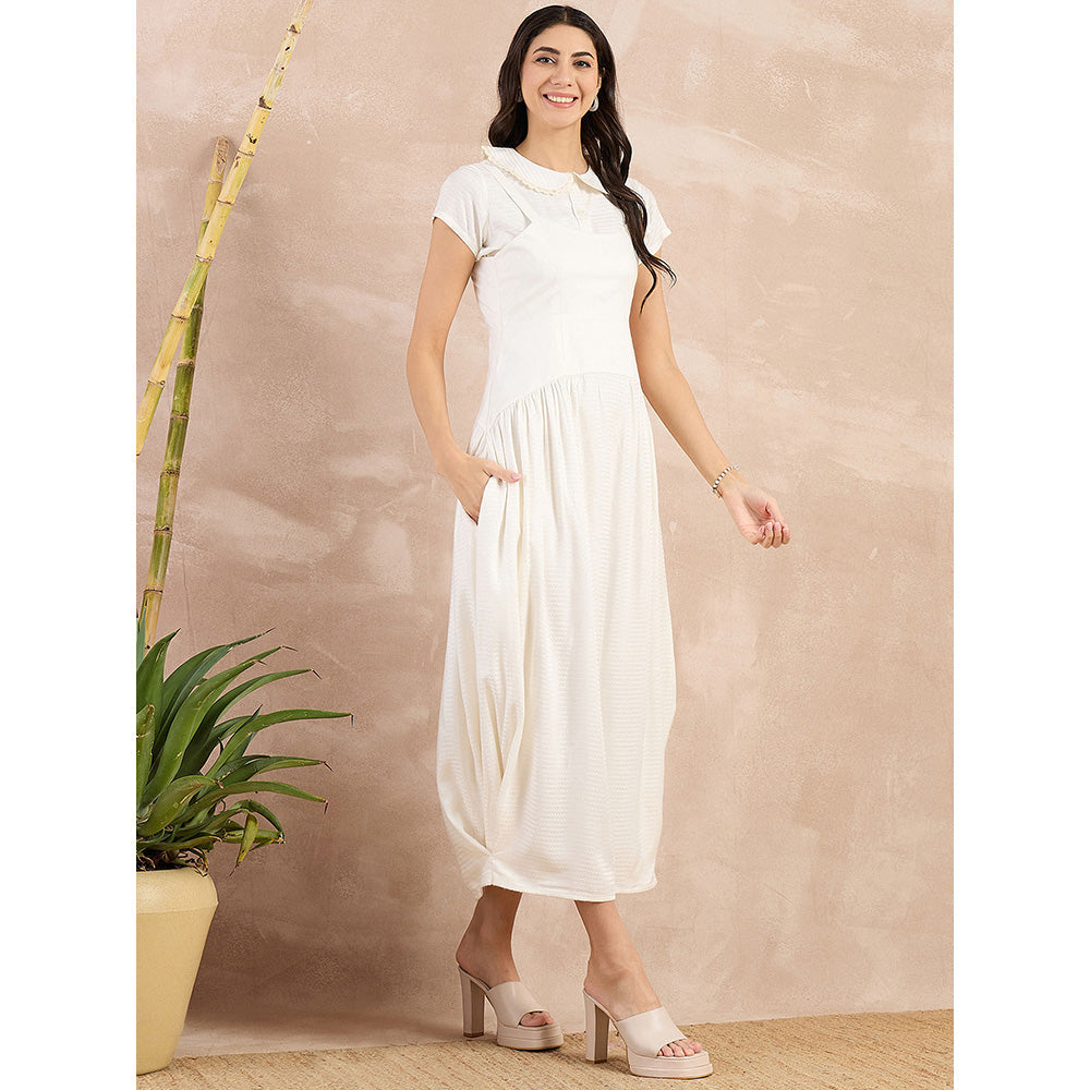 First Resort by Ramola Bachchan White Herringbone Mid Length Dress with Crop Shirt (Set of 2)