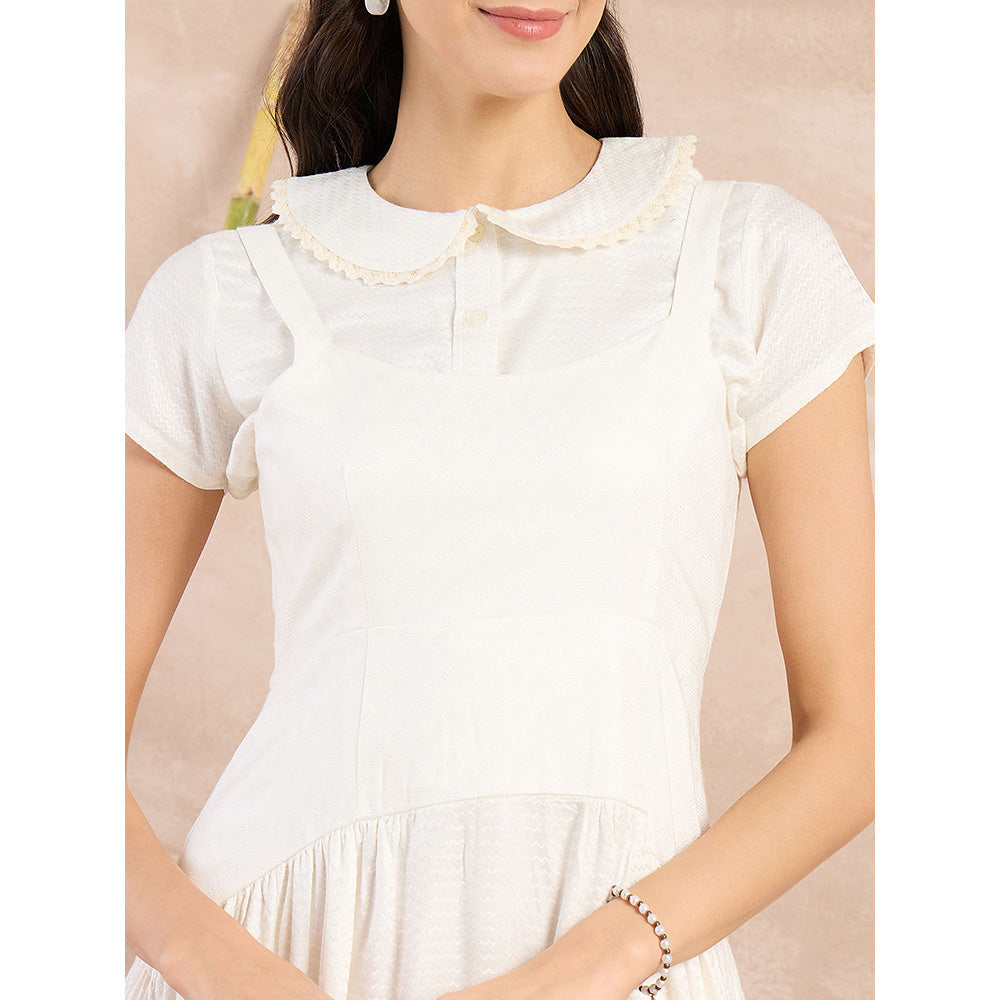 First Resort by Ramola Bachchan White Herringbone Mid Length Dress with Crop Shirt (Set of 2)