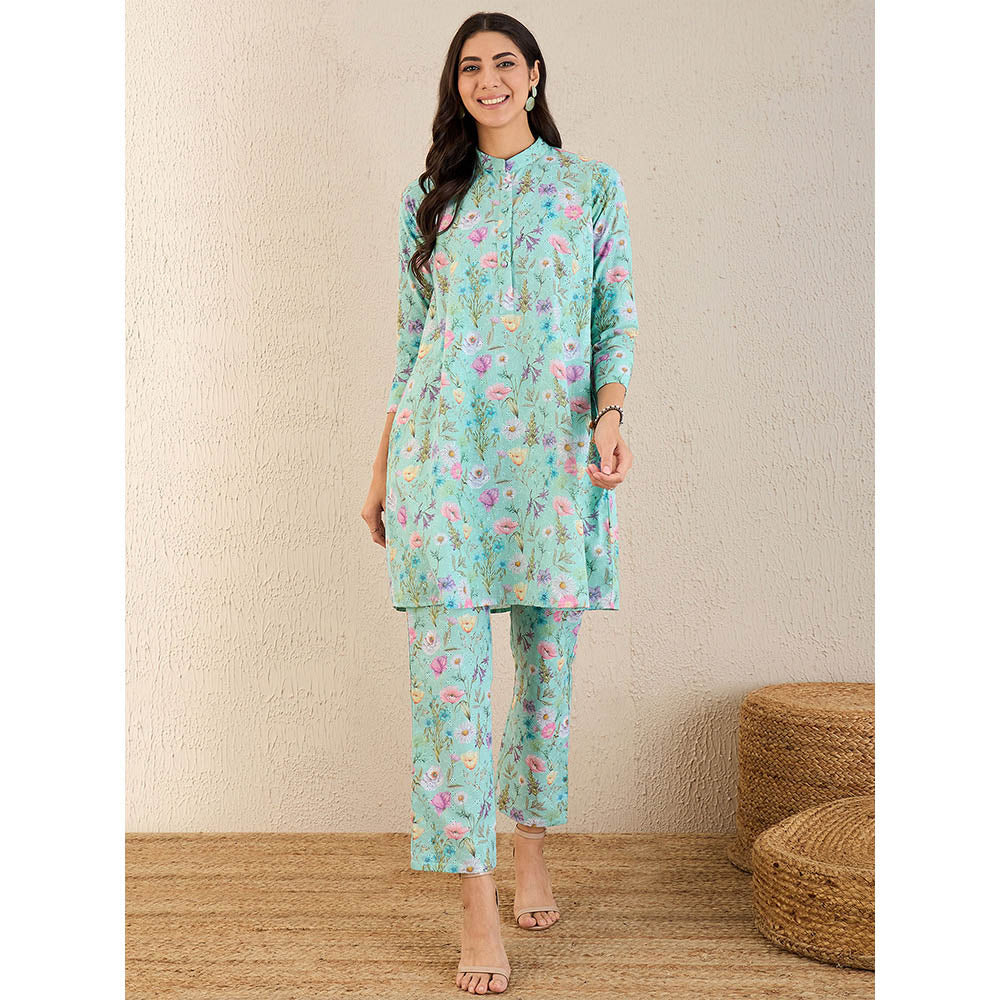 First Resort by Ramola Bachchan Aquamarine Floral Print Schiffli Co-Ord (Set of 2)