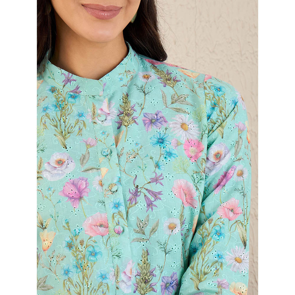 First Resort by Ramola Bachchan Aquamarine Floral Print Schiffli Co-Ord (Set of 2)