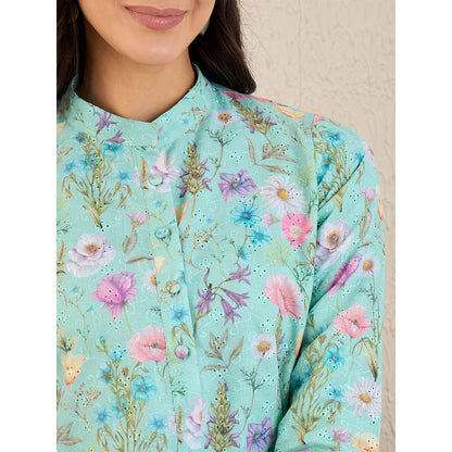 First Resort by Ramola Bachchan Aquamarine Floral Print Schiffli Co-Ord (Set of 2)