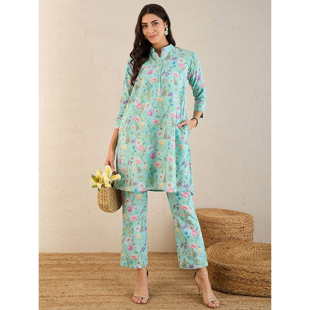 First Resort by Ramola Bachchan Aquamarine Floral Print Schiffli Co-Ord (Set of 2)