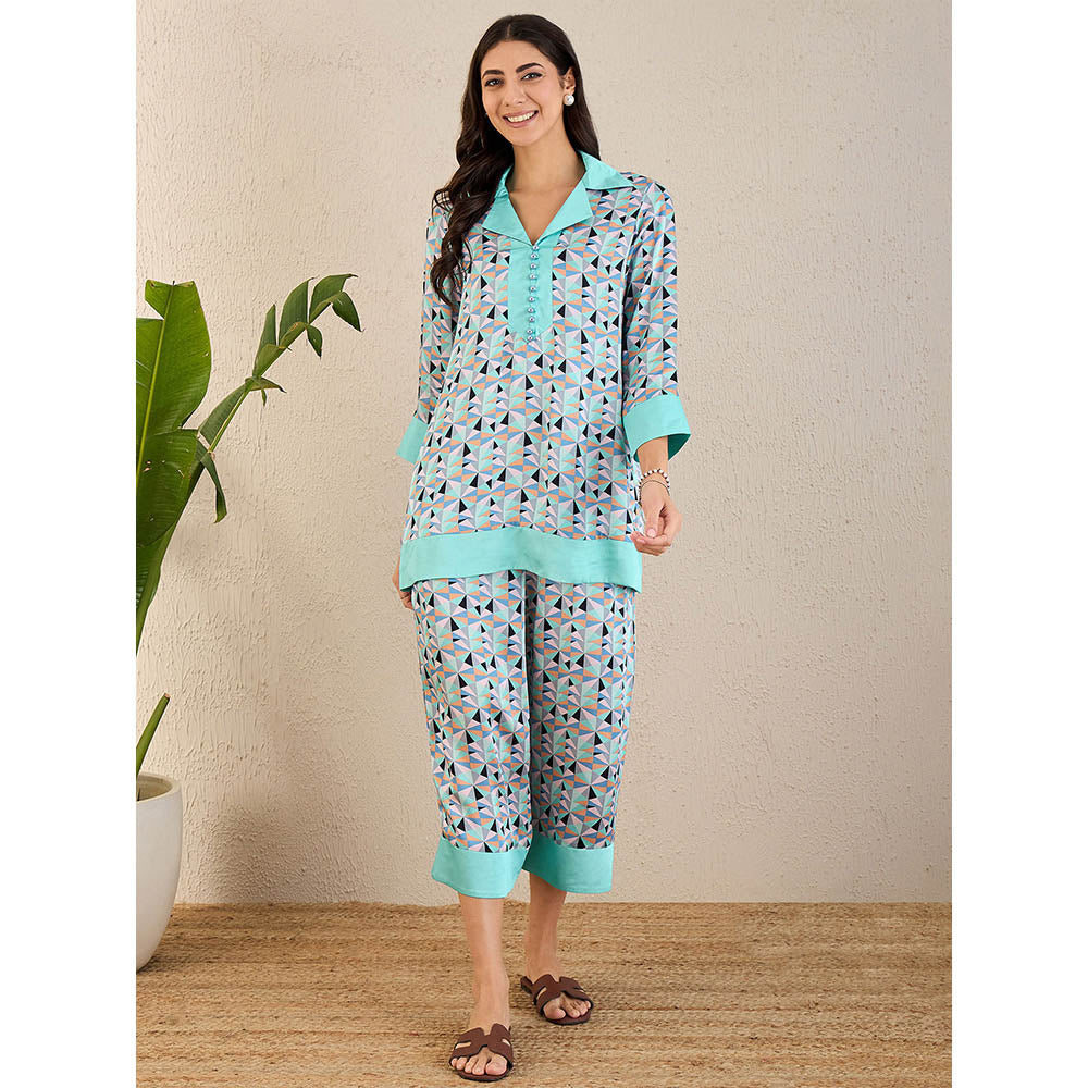 First Resort by Ramola Bachchan Aqua And Grey Geometric Print Co-Ord (Set of 2)