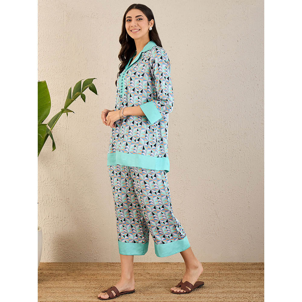 First Resort by Ramola Bachchan Aqua And Grey Geometric Print Co-Ord (Set of 2)