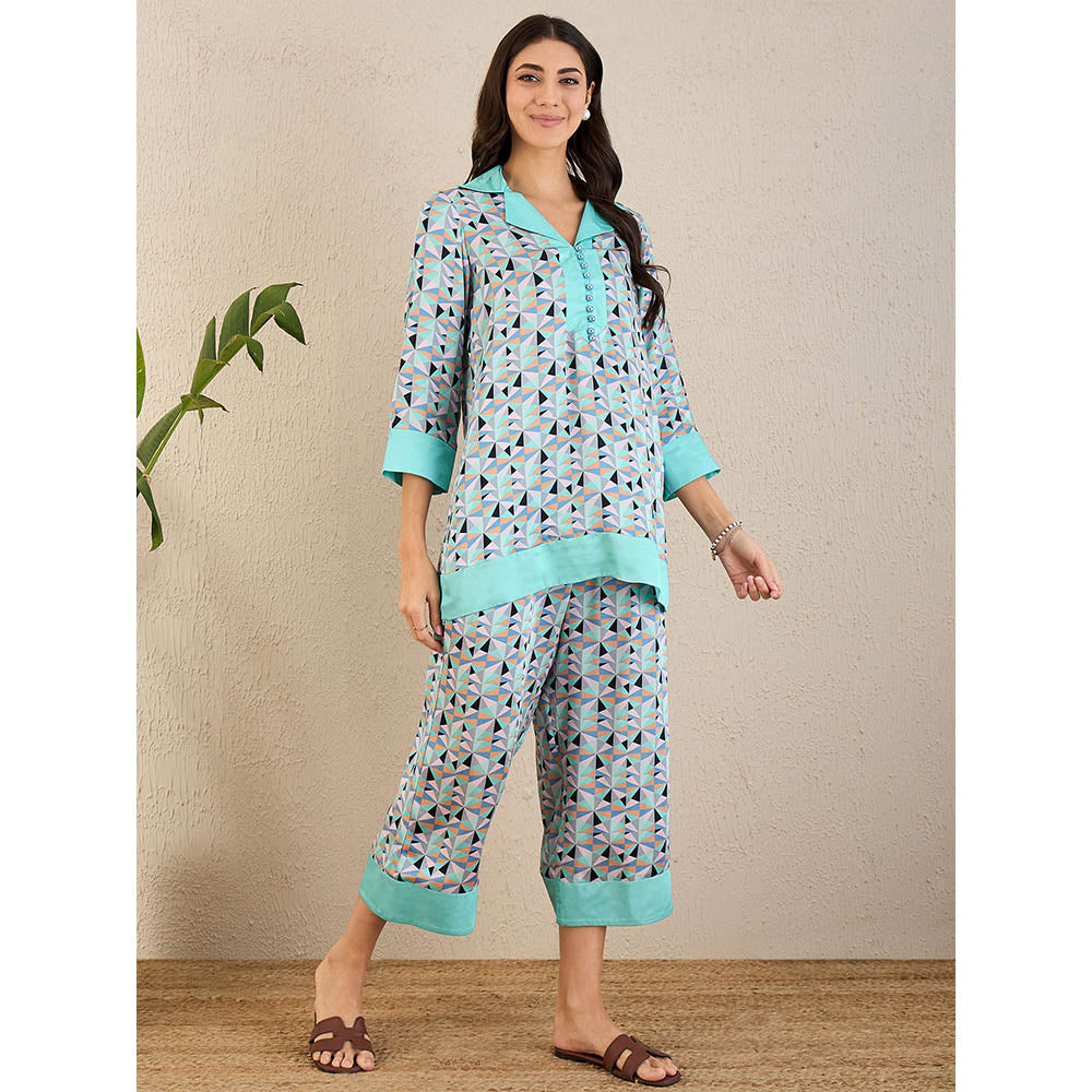 First Resort by Ramola Bachchan Aqua And Grey Geometric Print Co-Ord (Set of 2)