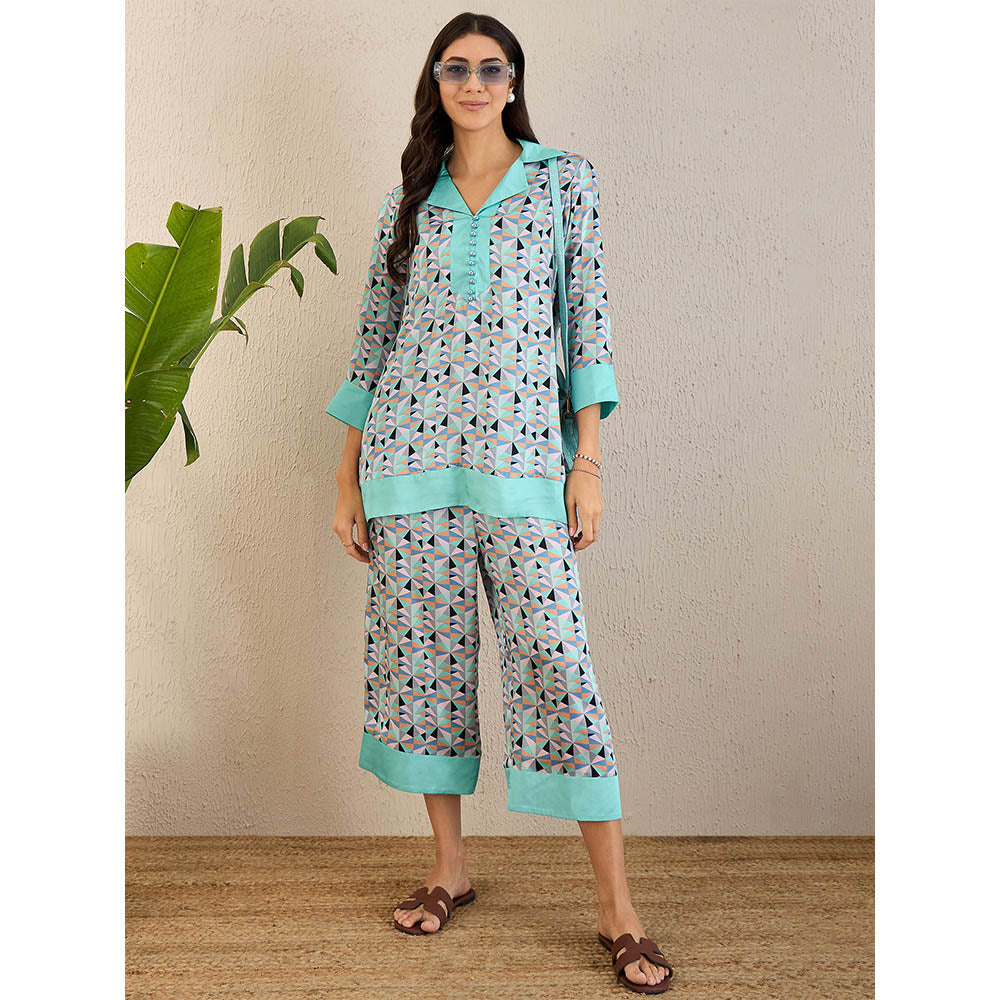 First Resort by Ramola Bachchan Aqua And Grey Geometric Print Co-Ord (Set of 2)