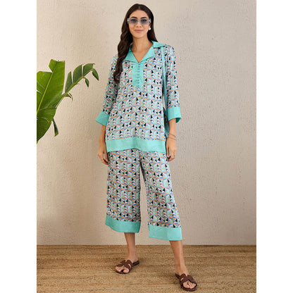 First Resort by Ramola Bachchan Aqua And Grey Geometric Print Co-Ord (Set of 2)