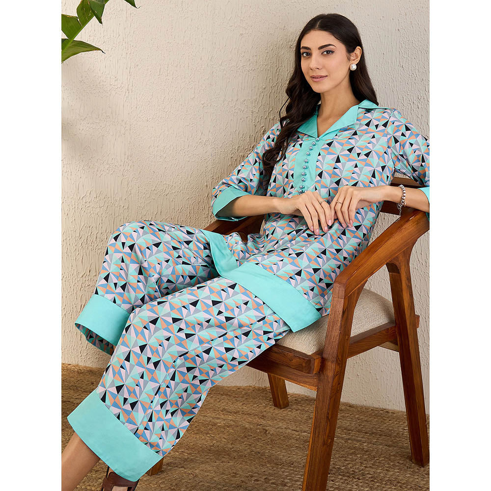 First Resort by Ramola Bachchan Aqua And Grey Geometric Print Co-Ord (Set of 2)