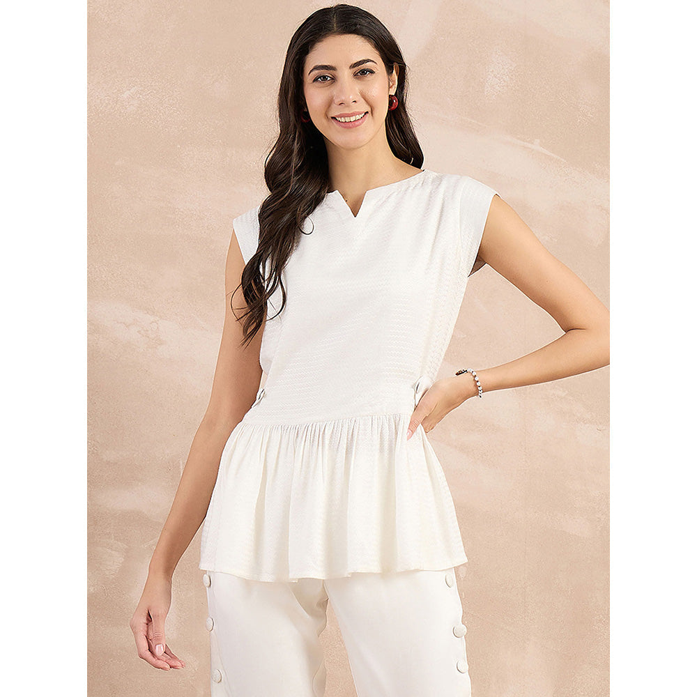 First Resort by Ramola Bachchan White Herringbone Peplum Top