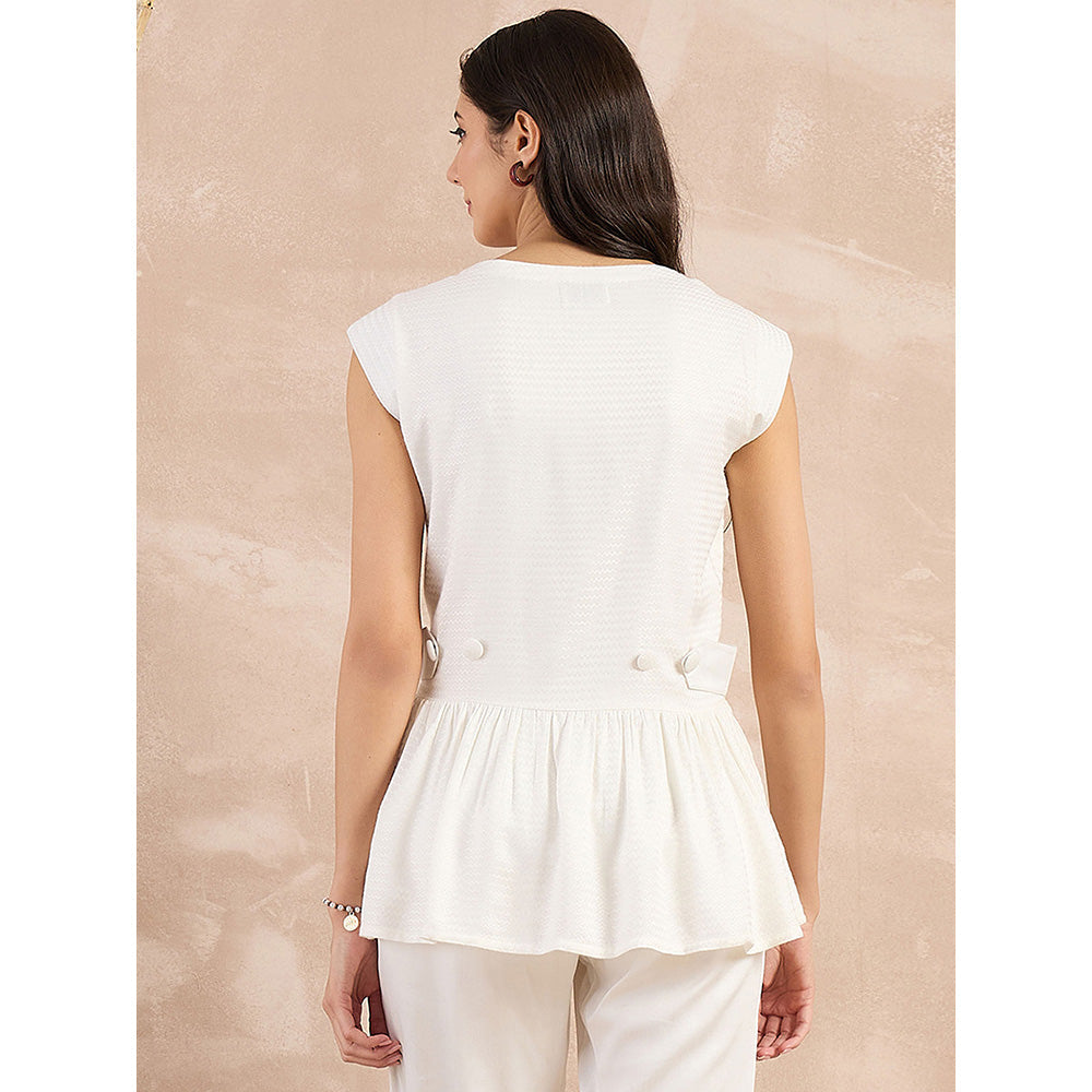 First Resort by Ramola Bachchan White Herringbone Peplum Top
