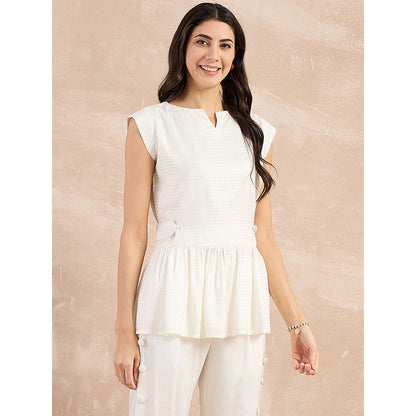 First Resort by Ramola Bachchan White Herringbone Peplum Top