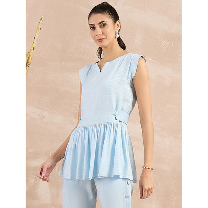 First Resort by Ramola Bachchan Sky Blue Herringbone Peplum Top