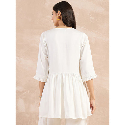 First Resort by Ramola Bachchan White Herringbone V-Neck Peplum Top