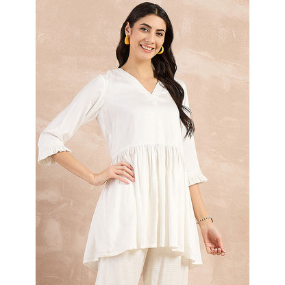 First Resort by Ramola Bachchan White Herringbone V-Neck Peplum Top