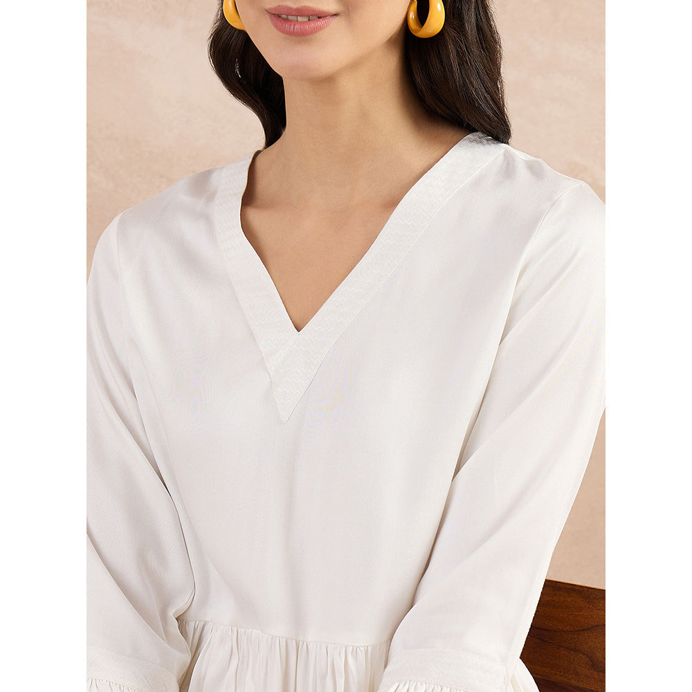 First Resort by Ramola Bachchan White Herringbone V-Neck Peplum Top