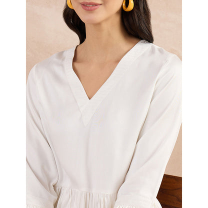 First Resort by Ramola Bachchan White Herringbone V-Neck Peplum Top