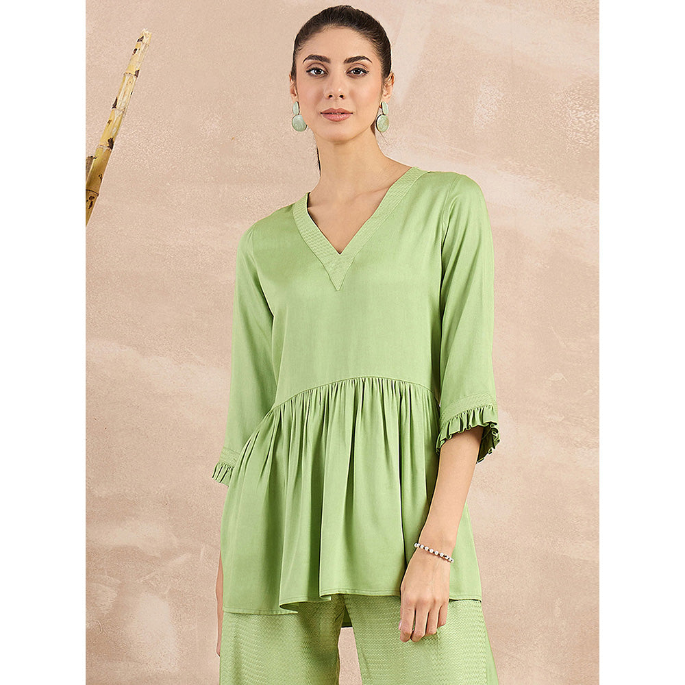 First Resort by Ramola Bachchan Pastel Green Herringbone V-Neck Peplum Top