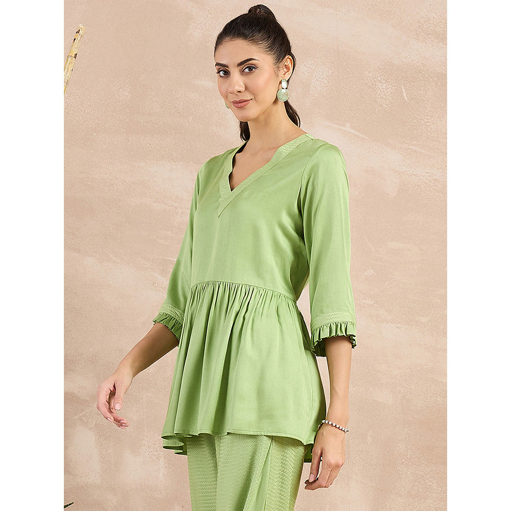 First Resort by Ramola Bachchan Pastel Green Herringbone V-Neck Peplum Top