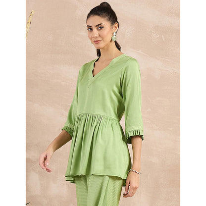 First Resort by Ramola Bachchan Pastel Green Herringbone V-Neck Peplum Top