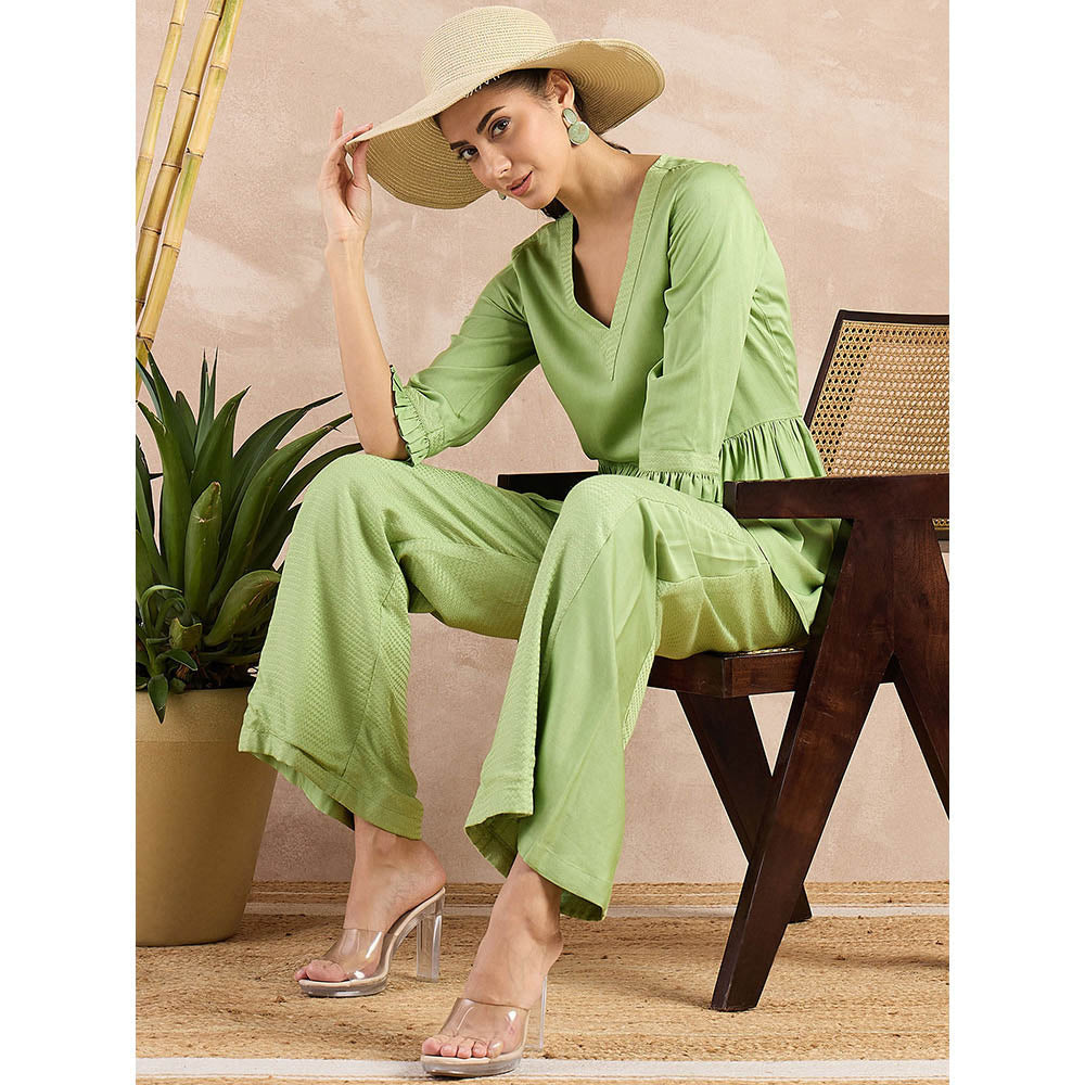 First Resort by Ramola Bachchan Pastel Green Herringbone V-Neck Peplum Top